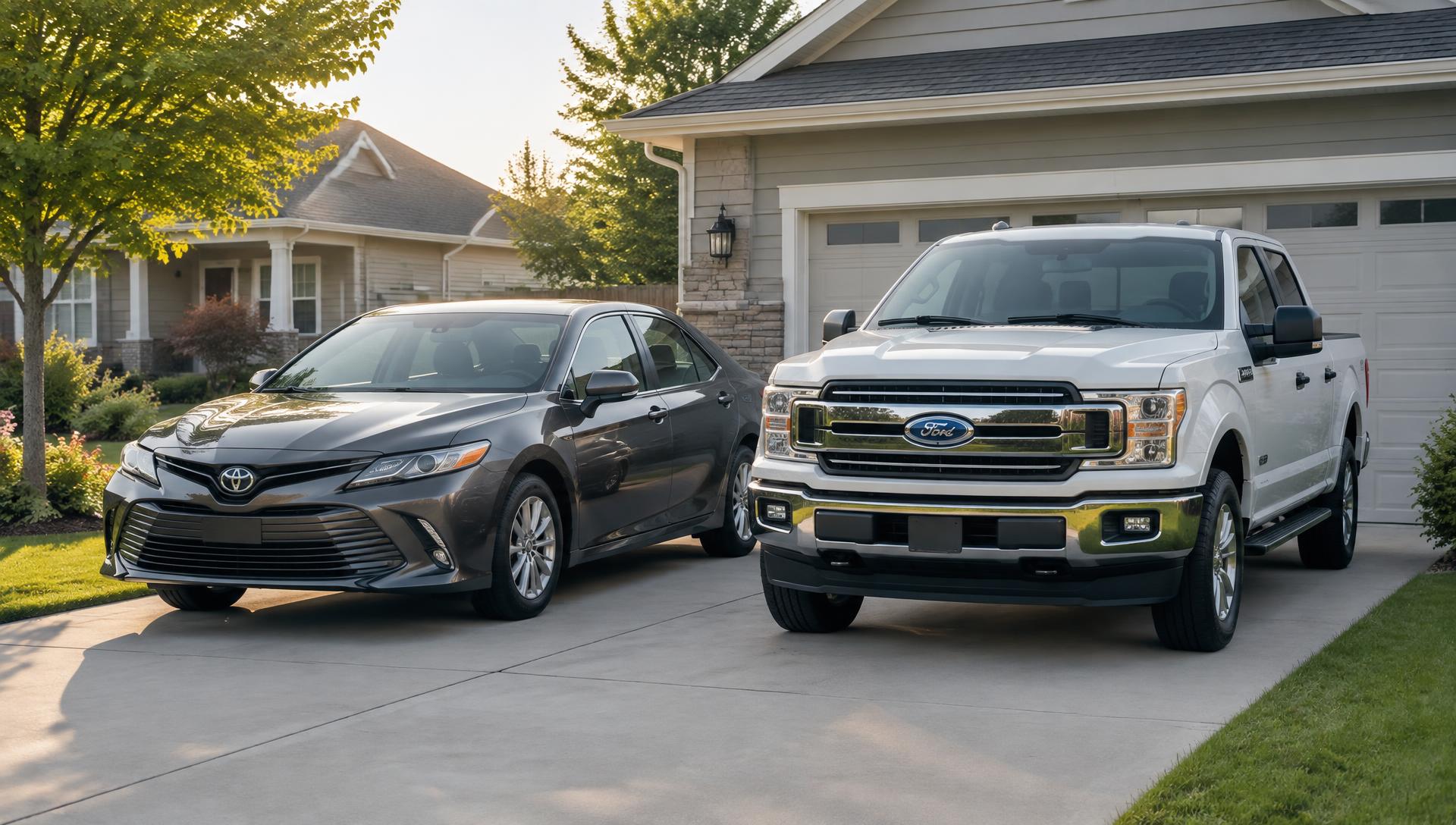 A sedan and a pickup truck parked in a residential driveway in morning light